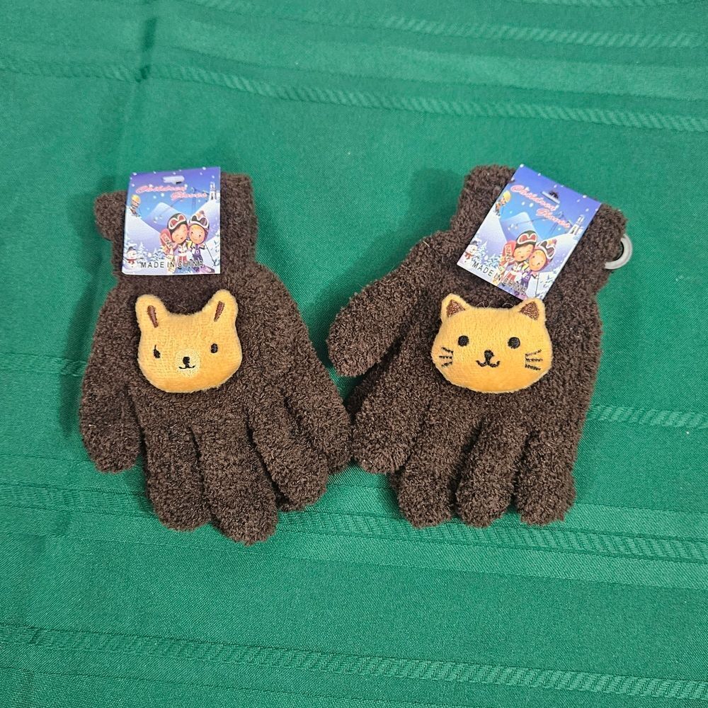 2/$15 2 Pairs Brown Kids Mittens with Animal Design